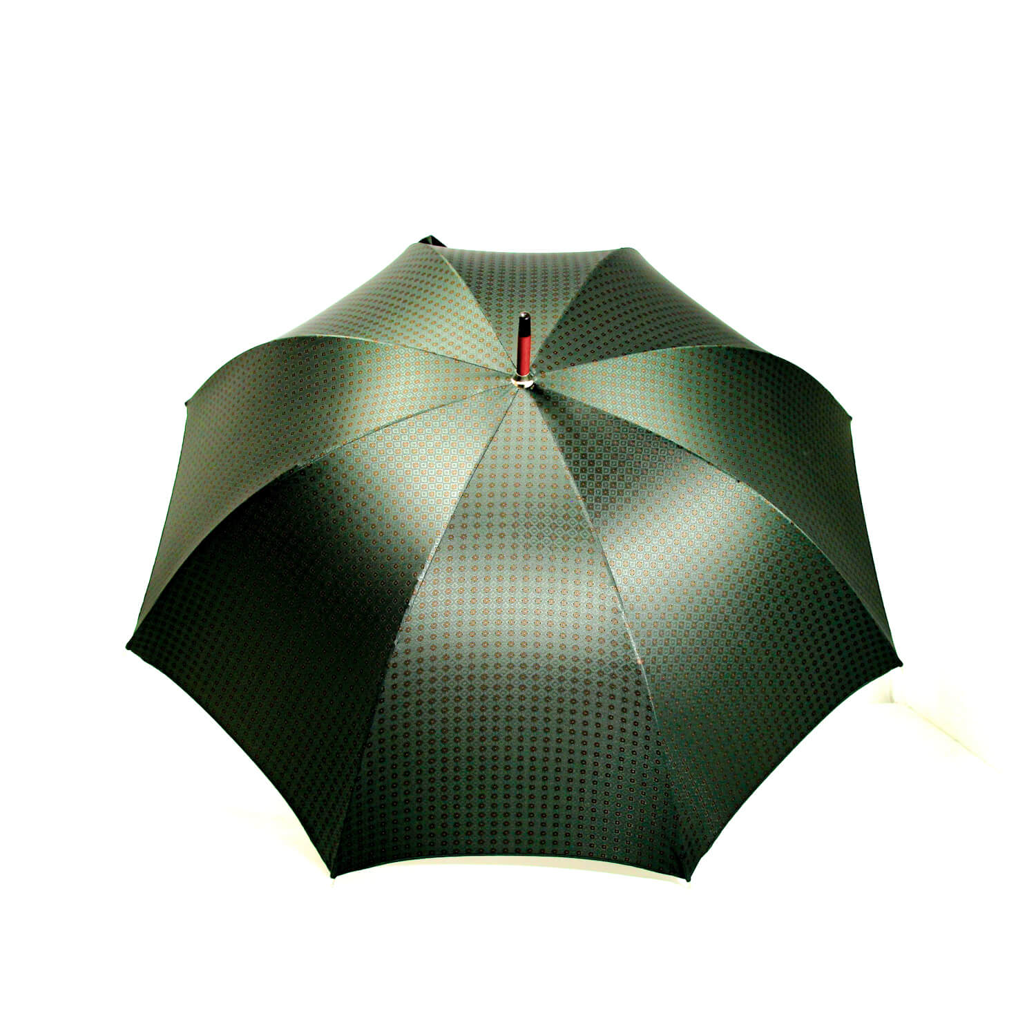 Parapluie-droit-tisse-vert-motifs-marrons